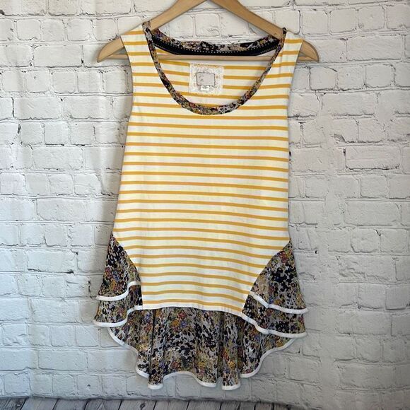 Anthropologie by Postmate Sleeveless Yellow white Stripe Floral Trim size small - Picture 1 of 8